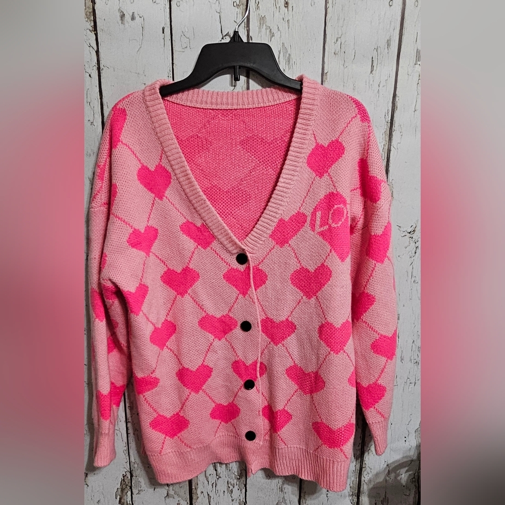 SHEIN Pink Love Heart Cardigan